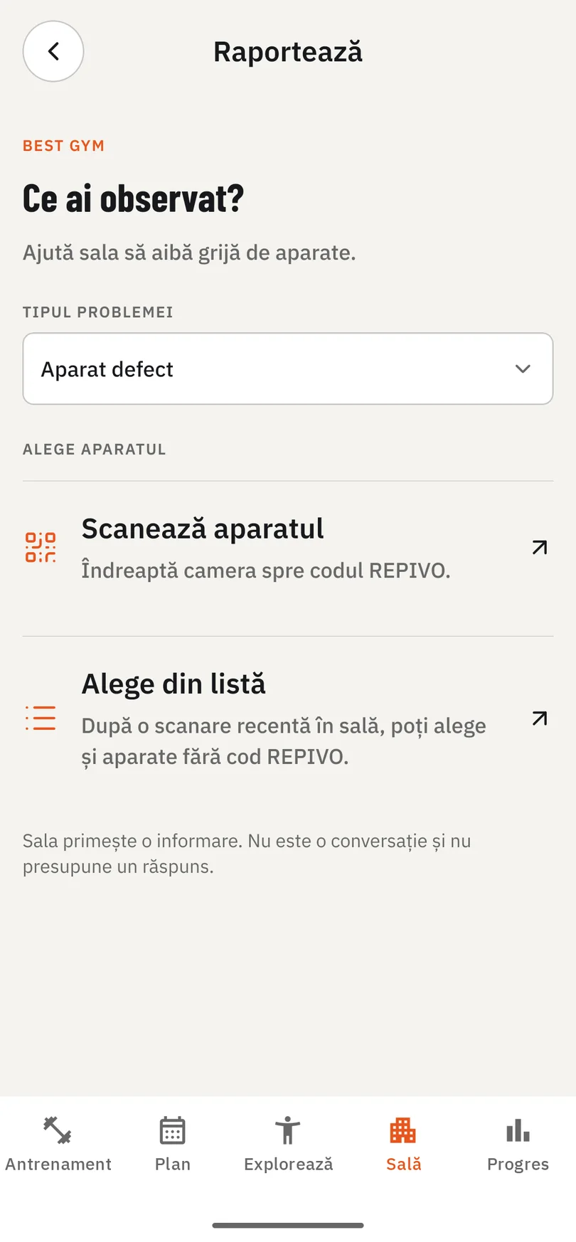 The reporting screen in the app, with the gym name above the question “What did you notice?”.