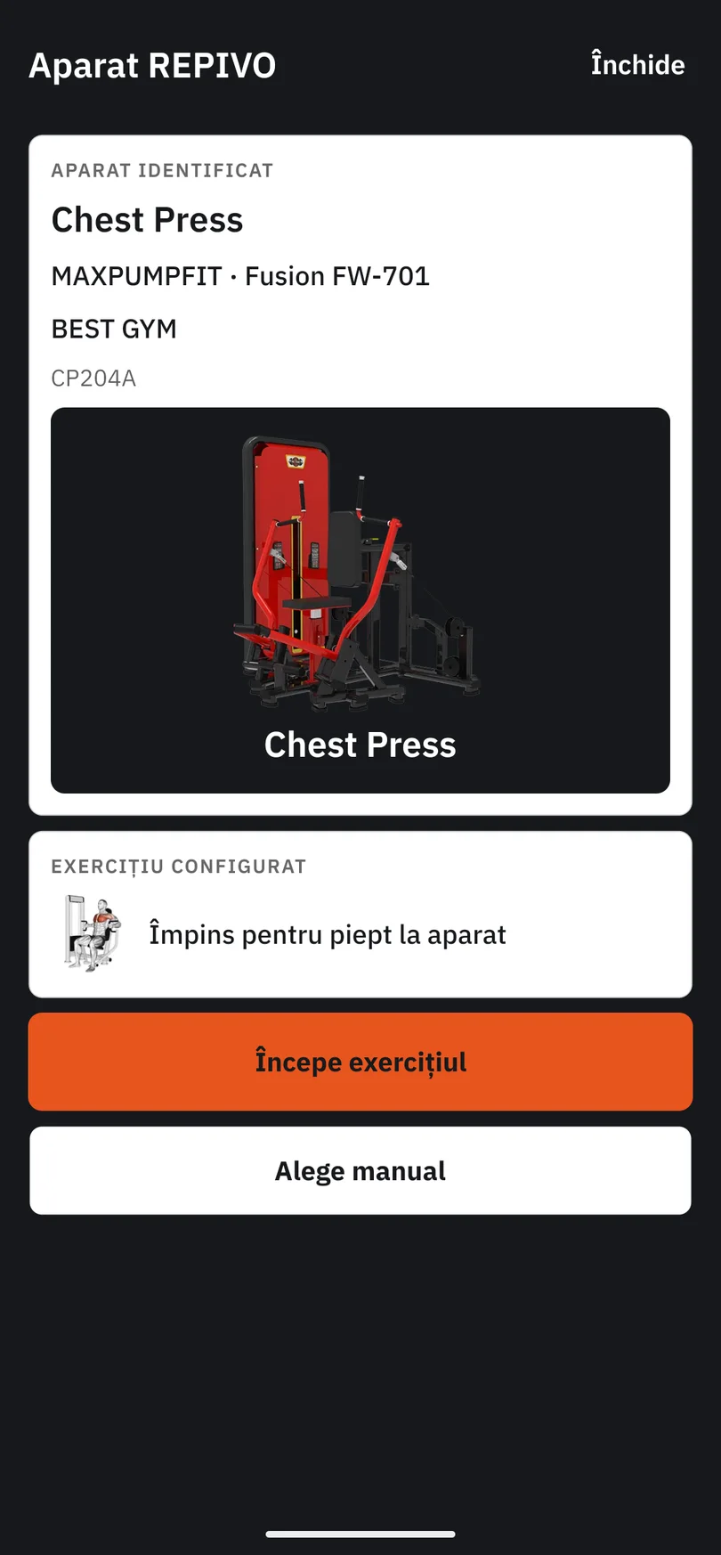 The machine details screen, immediately after scanning the tag.
