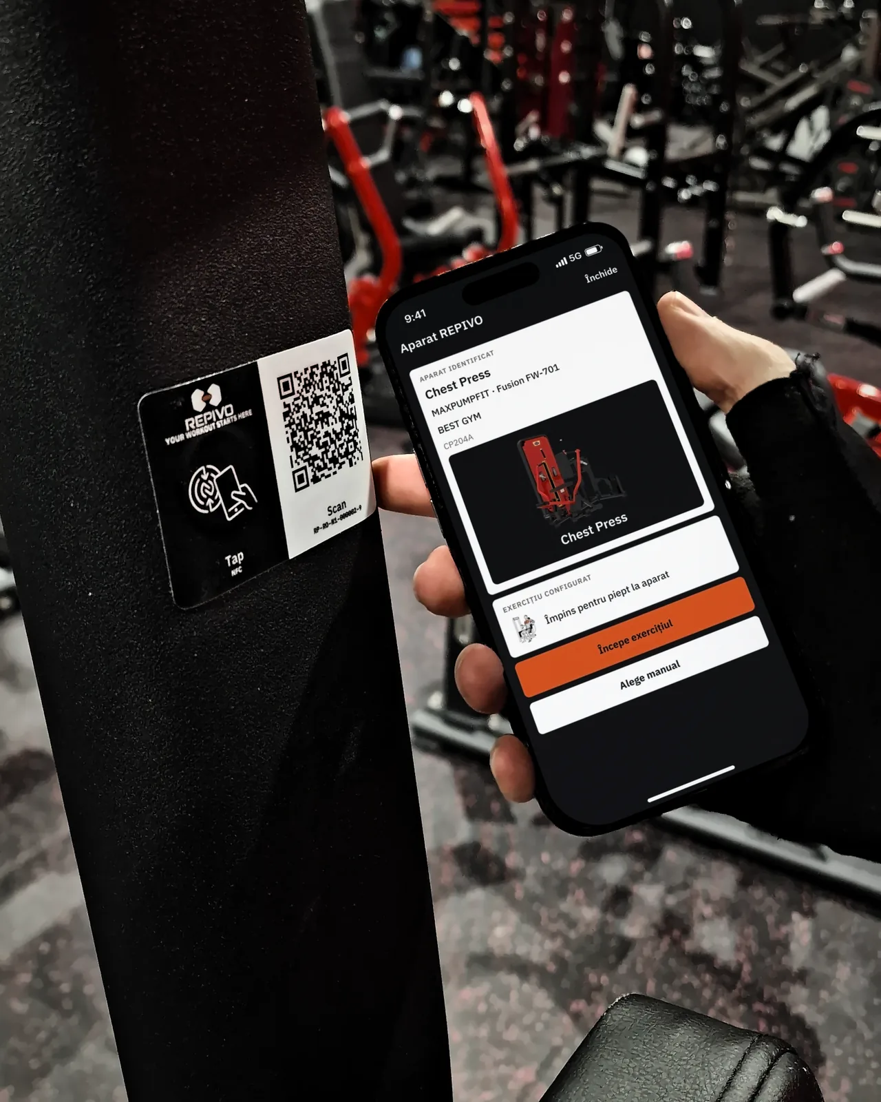 A member scans a realistically sized REPIVO tag mounted on a gym machine.