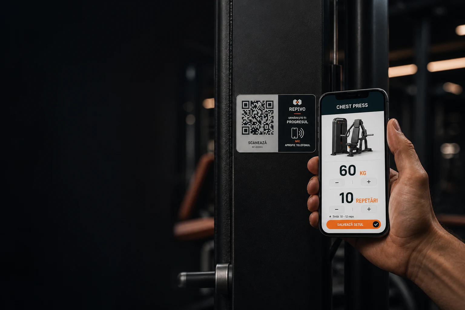 Sticker REPIVO montat pe un aparat și aplicația deschisă pe telefon într-o sală premium