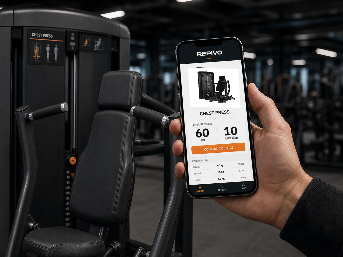 Aplicația REPIVO afișează ultima sesiune de chest press: 60 kg și 10 repetări